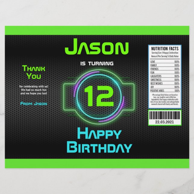 Neon Green Boy Birthday Party Chip Bag Wrapper (Front)
