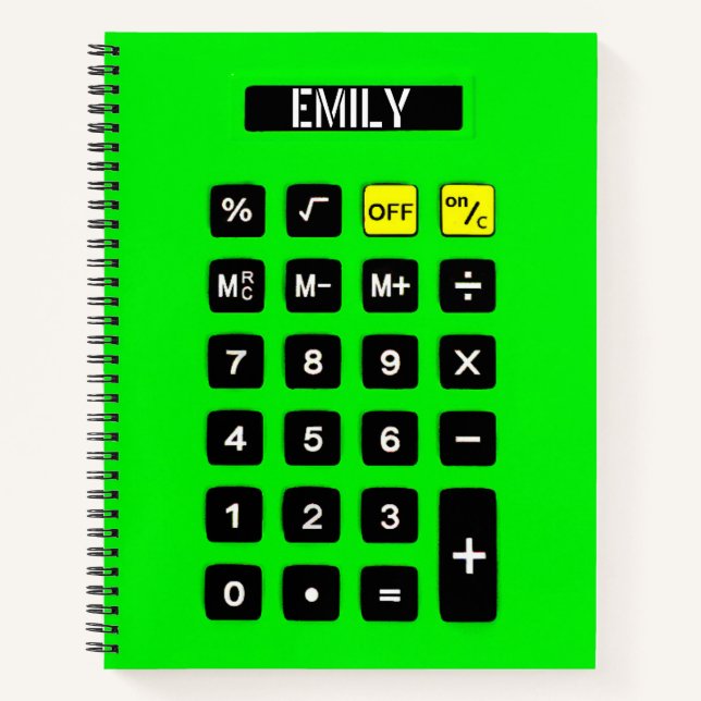 Neon Green Calculator with Name   Notebook (Front)