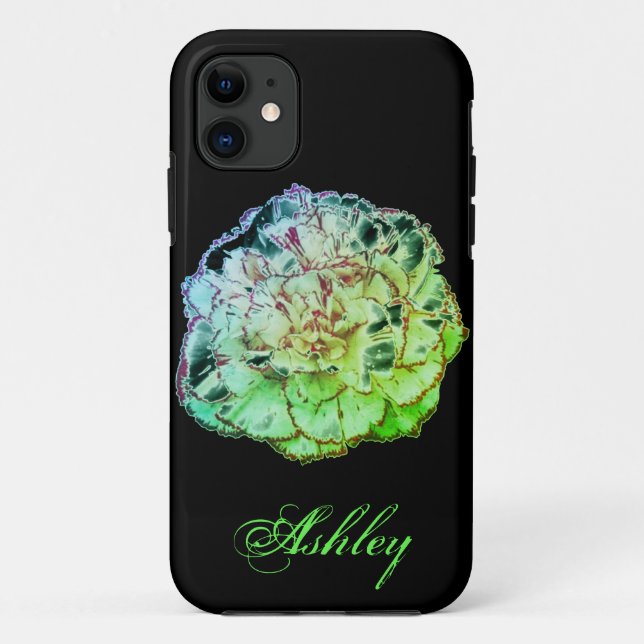 Neon Green Carnation Flower w/ Your Name Case-Mate iPhone Case (Back)