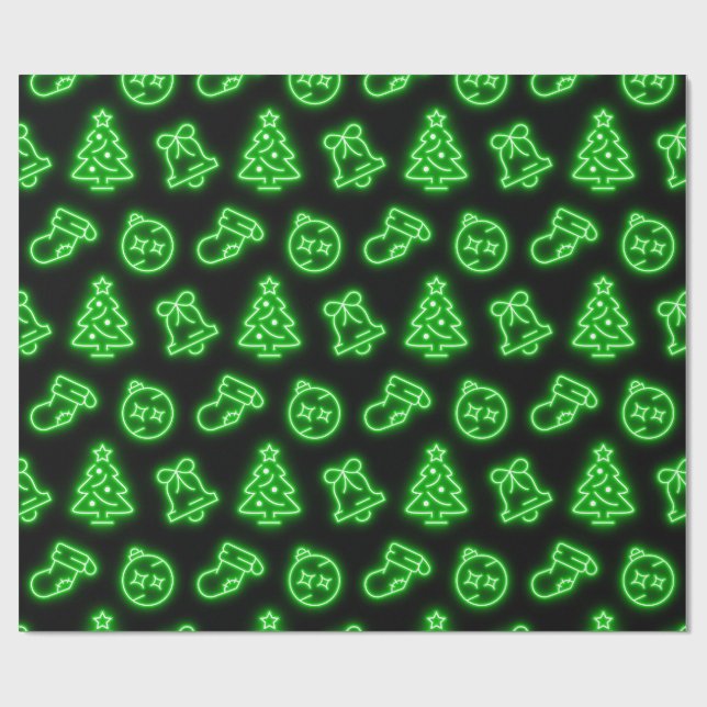 Neon Green Christmas on Black Wrapping Paper (Flat)