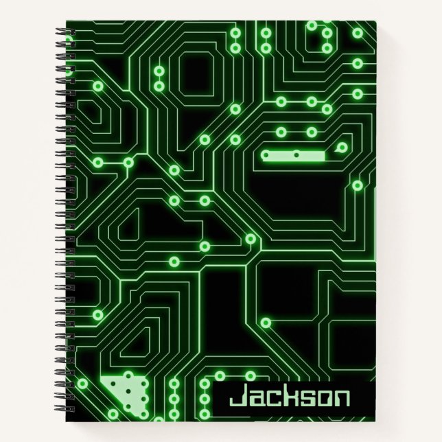 Neon Green Circuit Board | Personalized Spiral Notebook (Front)