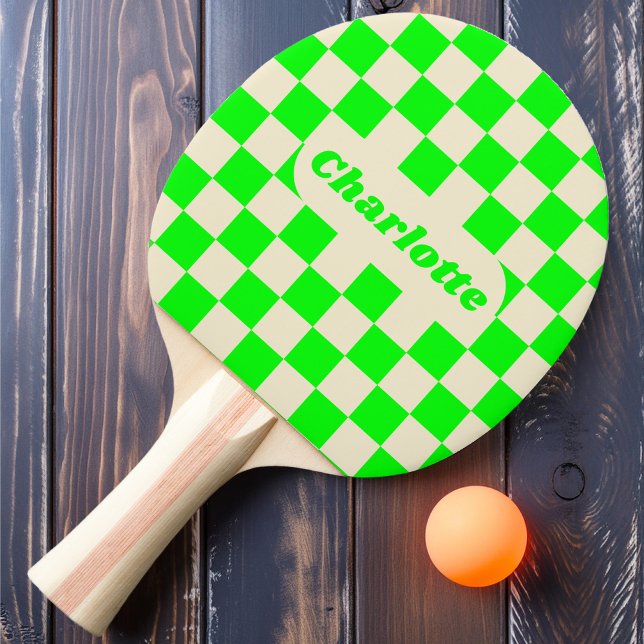 Neon Green & Cream Chequered with Name Ping Pong Paddle (Creator Uploaded)