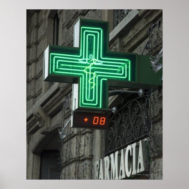 Neon Green cross outside Farmacia (Drug store or Poster (Front)