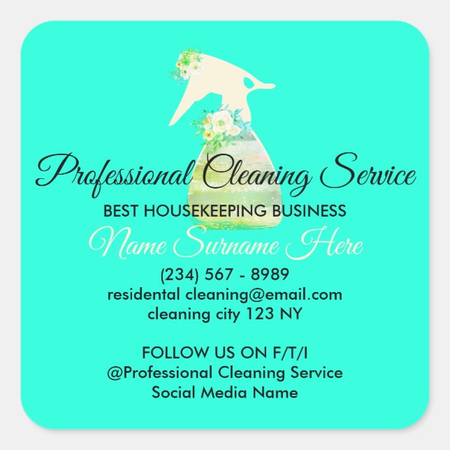 Neon Green cute Maid Spray Flower Cleaning Square Sticker (Front)