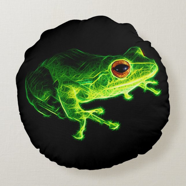 Neon Green Electric Tree Frog - Glowing Animal Des Round Pillow (Back)