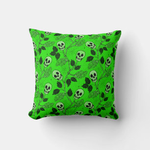 Neon Green Floral Gothic Skull  Throw Pillow