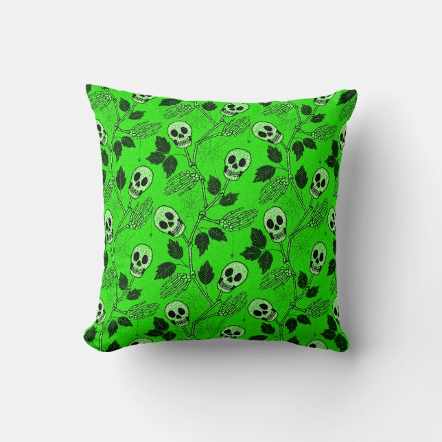 Neon Green Floral Gothic Skull  Throw Pillow (Front)