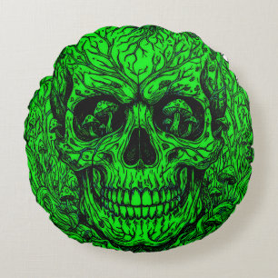 Neon Green Forest Skull - Psychedelic Mushroom Nat Round Pillow