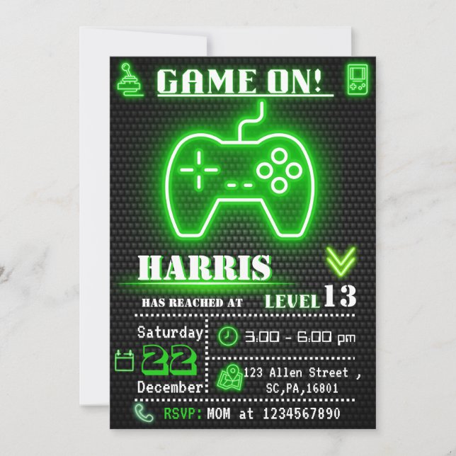 Neon Green Gamer Invitation de fête d'anniversaire (Devant)