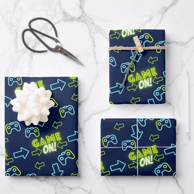 Neon Green Glow Dark Blue Game On Controller Gamer Wrapping Paper Sheet (Front)