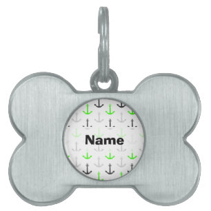 Neon Green, Grey, Anchors; Nautical Pet Tag