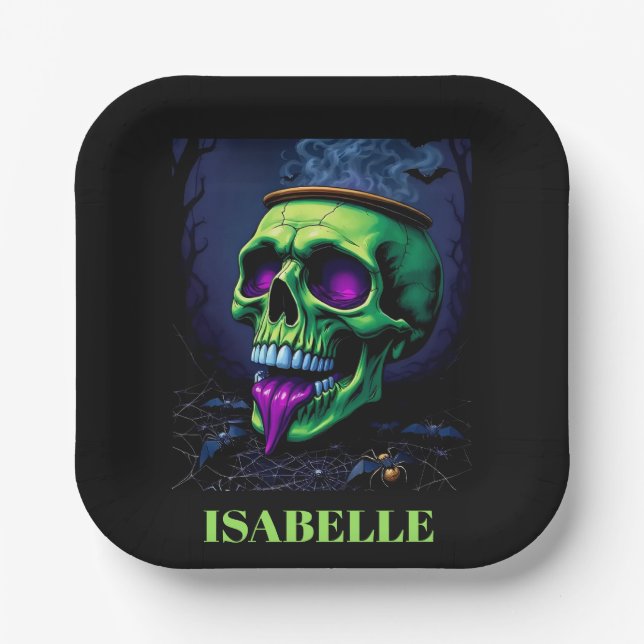neon green haunted skull gothic halloween night paper plate (Front)