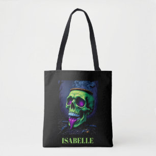 neon green haunted skull gothic halloween night tote bag