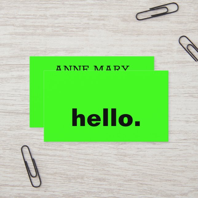 Neon Green Hello Bright Colourful Typography Custo Business Card (Front/Back In Situ)