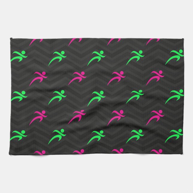 Neon Green, Hot Pink, Running, Runner, Black Kitchen Towel (Horizontal)