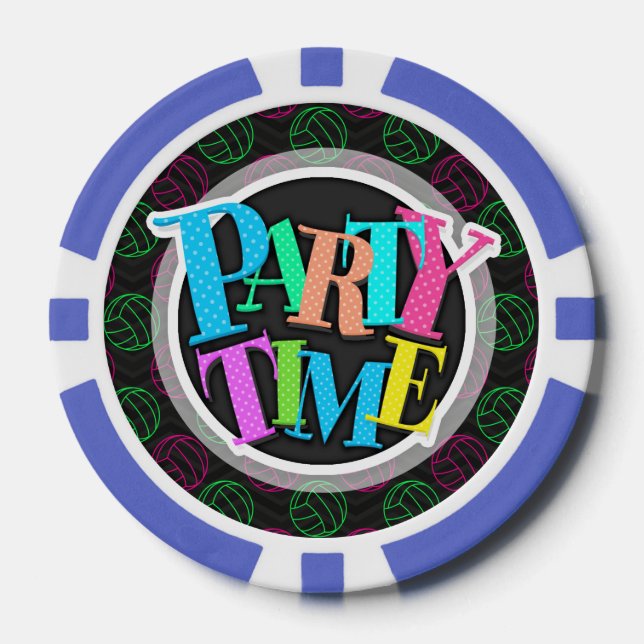 Neon Green, Hot Pink, Volleyball, Black Chevron Poker Chips (Front)