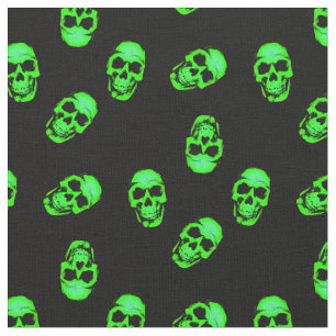 Neon Green Human Skull Pattern on Black Fabric