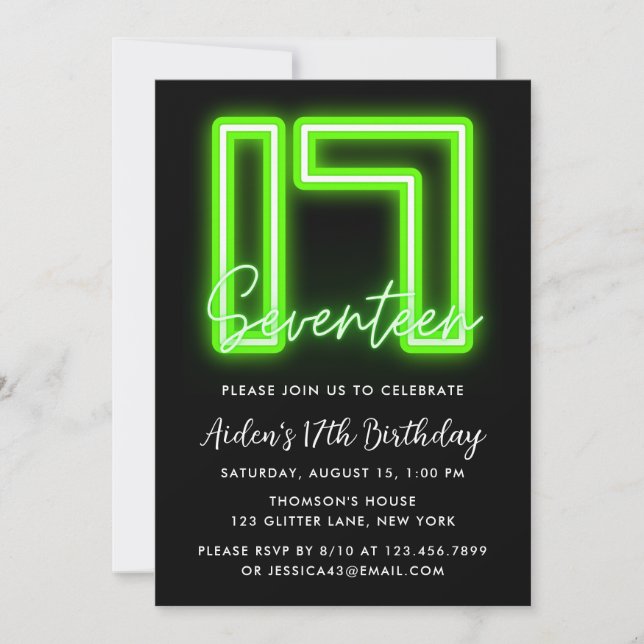 Neon Green Invitation du 17e anniversaire (Devant)
