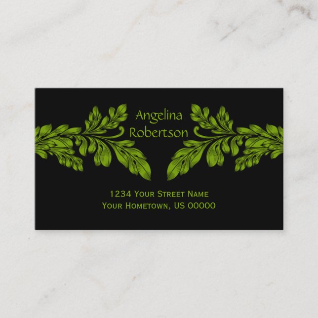 Neon Green Leaf Swirls Business Card (Front)