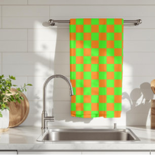 Neon Green Orange Chequered Chequerboard Vintage Kitchen Towel