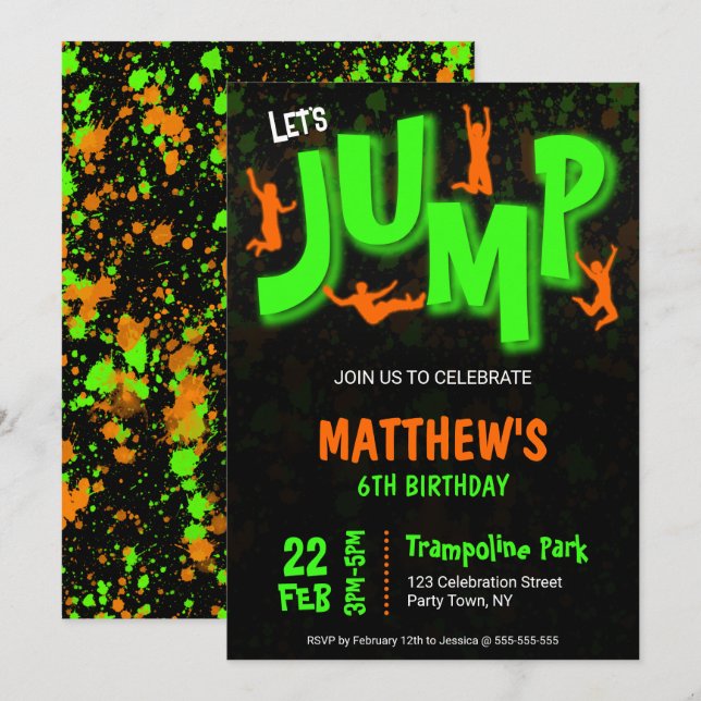Neon Green Orange Paint Trampoline Party Birthday Invitation (Front/Back)