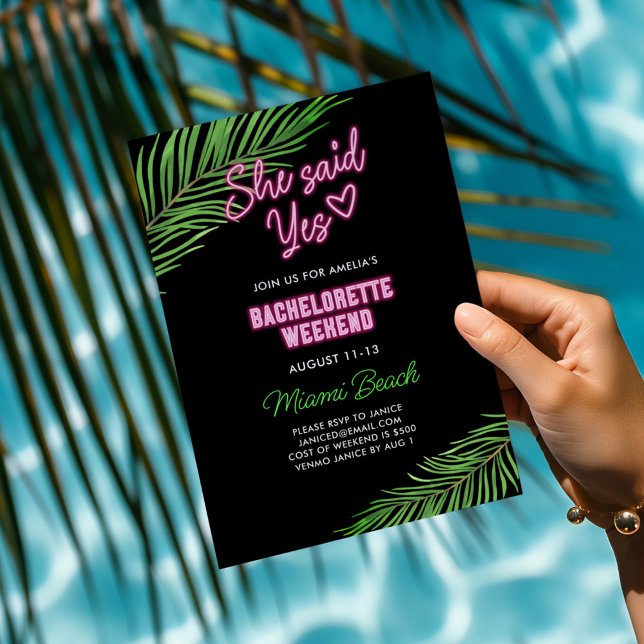 Neon Green & Pink Tropical Bachelorette Weekend Invitation (Creator Uploaded)