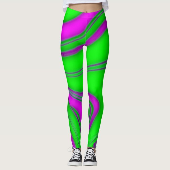 neon green -pink waves leggings (Front)