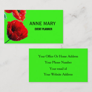 Neon Green Red Floral Poppy Flowers Event Planner Business Card
