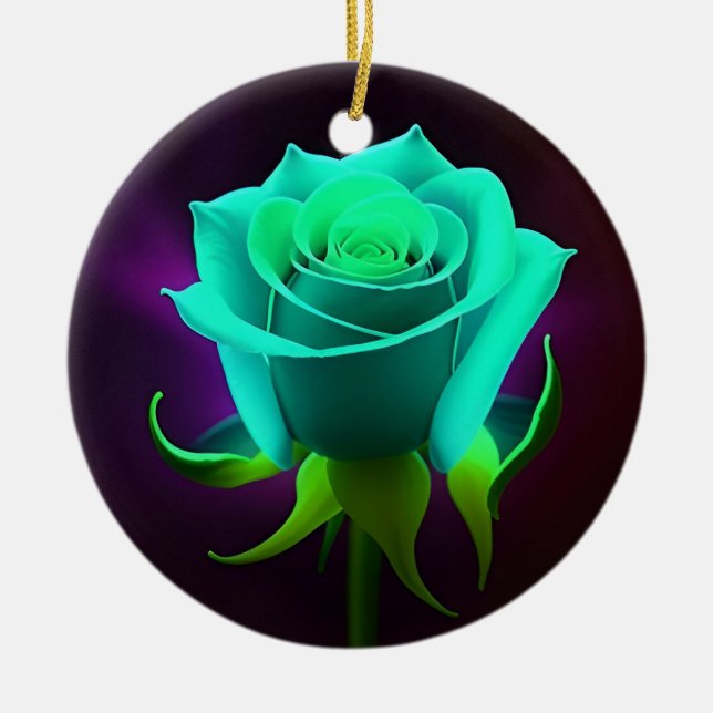 Neon Green Rose Ceramic Ornament (Front)