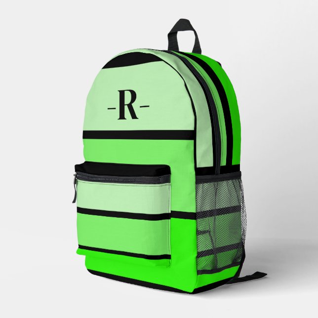 Neon Green Shades Large Striped | Initial Letter Printed Backpack (Back Corner Right)