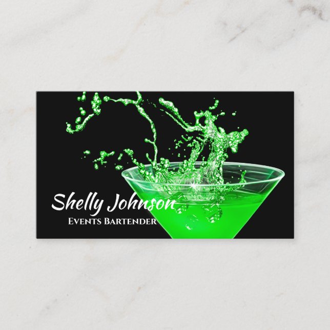 Neon Green Splash Bartender and Events Caterer Business Card (Front)