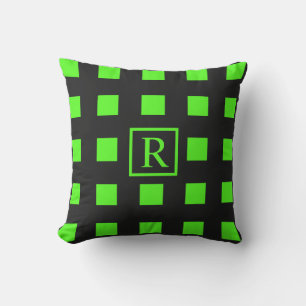 Neon Green Squares Patterns Monograms Black Cute Outdoor Pillow