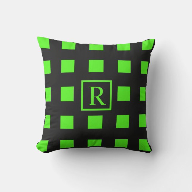 Neon Green Squares Patterns Monograms Black Cute Outdoor Pillow (Front)