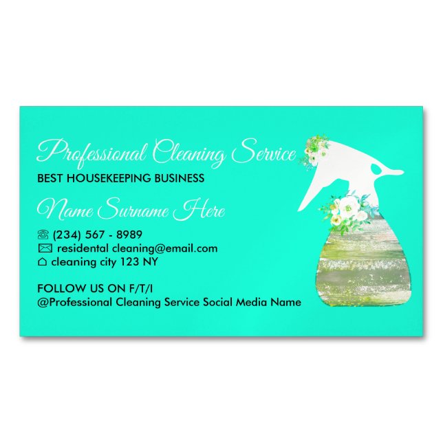 Neon Green Teal Maid Spray Flower Cleaning Magnetic Business Card (Front)