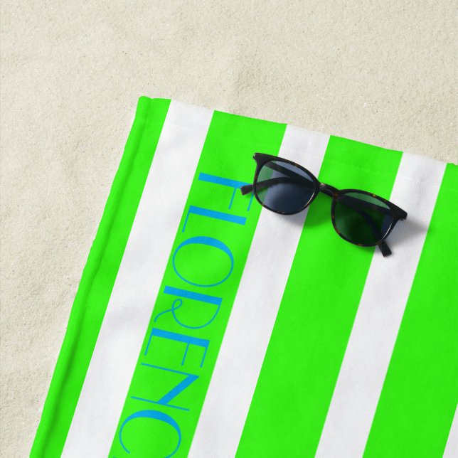 neon green white  cabana stripes  - personalized beach towel (In Situ)