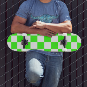 Neon Green White Chequered Chequerboard Vintage Skateboard