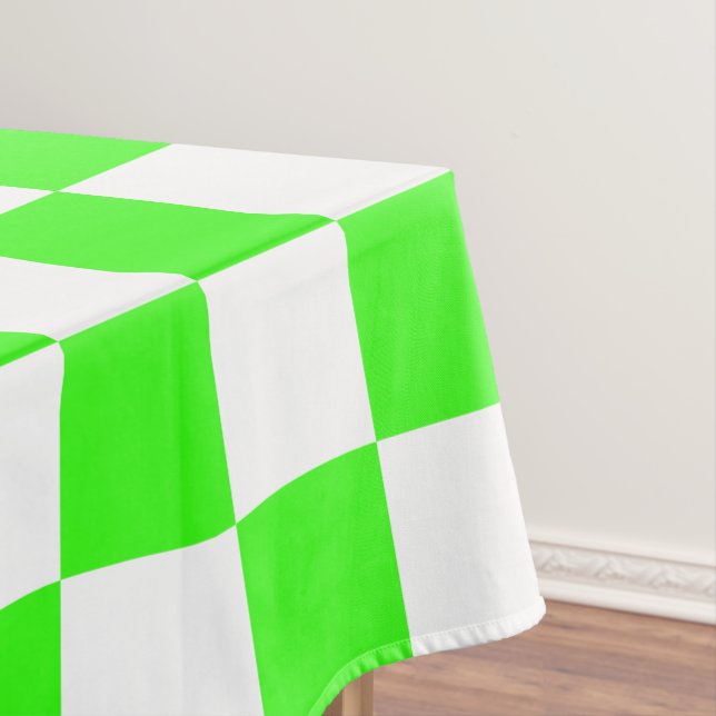 Neon Green White Chequered Chequerboard Vintage Tablecloth (In Situ)
