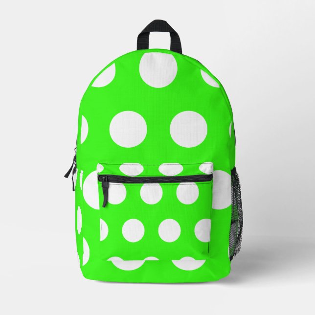 Neon Green White Large Polka Dots Printed Backpack (Front)