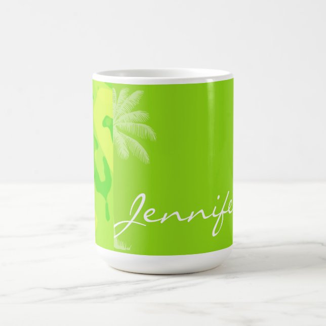 Neon Green Yellow Camo; Tropical Palm Tree Coffee Mug (Center)