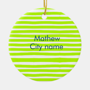 Neon green yellow retro stripes add name cityplace ceramic ornament