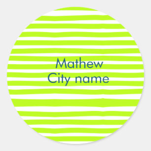 Neon green yellow retro stripes add name cityplace classic round sticker