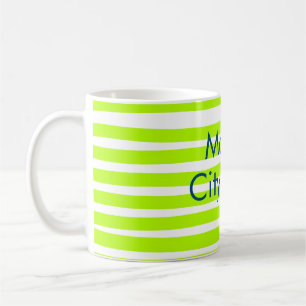 Neon green yellow retro stripes add name cityplace coffee mug