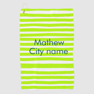 Neon green yellow retro stripes add name cityplace golf towel