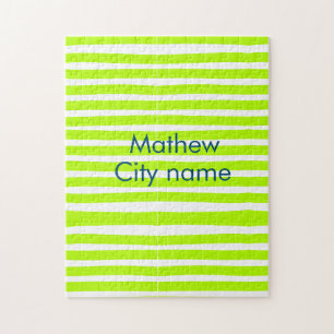Neon green yellow retro stripes add name cityplace jigsaw puzzle