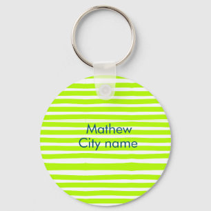 Neon green yellow retro stripes add name cityplace keychain