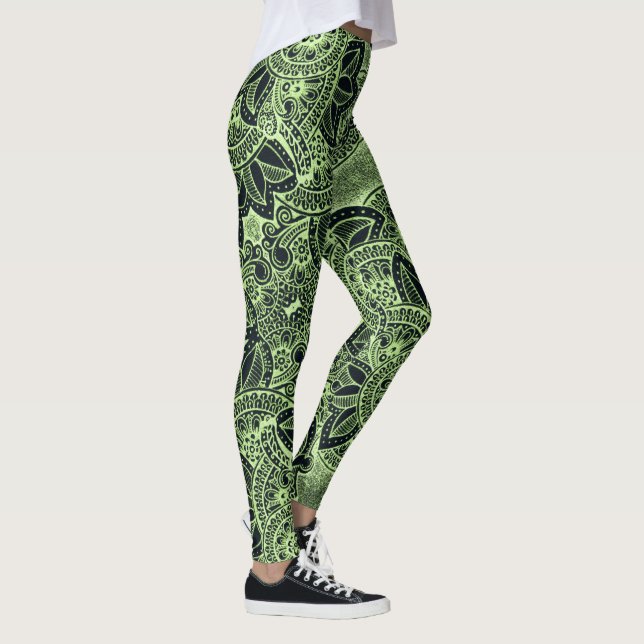 Neon Green Yoga Zen Floral Paisley Mandala Pattern Leggings (Right)
