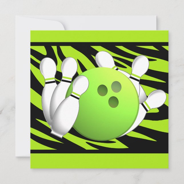Neon Green Zebra Stripe Bowling Party Invitation (Front)