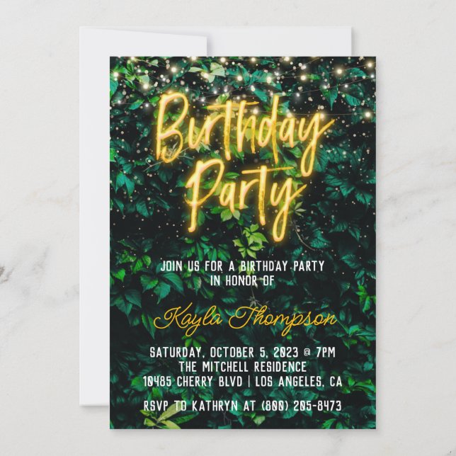 Neon Greenery Green Wall Birthday Party Invitation (Back)