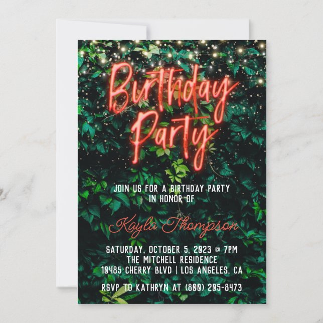Neon Greenery Green Wall Birthday Party Invitation (Back)