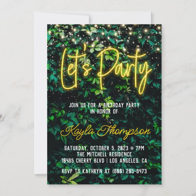 Neon Greenery Green Wall Let's Party Invitation (Back)
